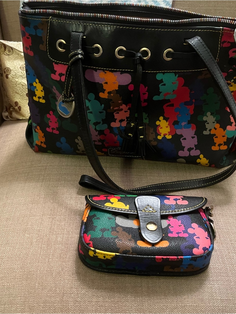 Dooney & Bourke Black Multicolor Mickey Print Tote with Matching Pouch